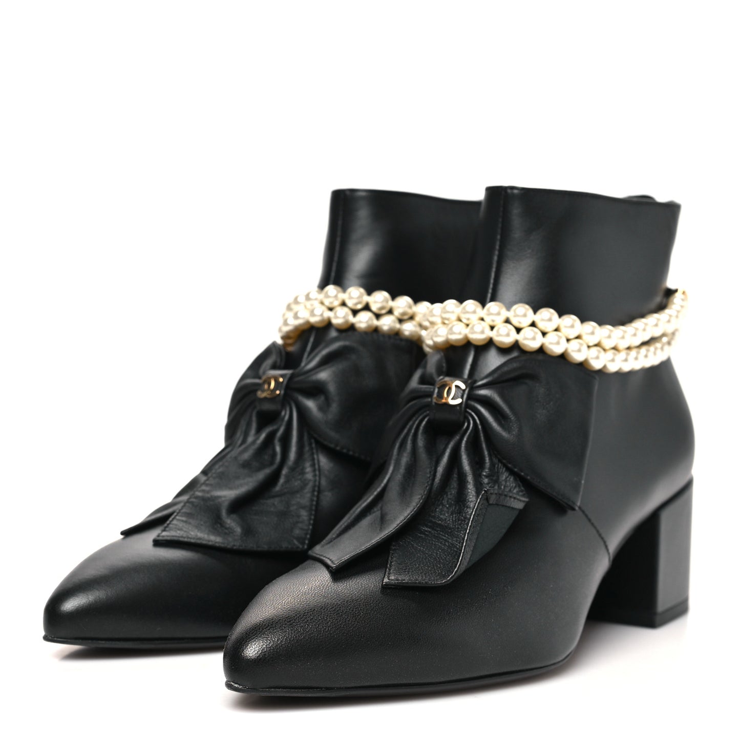 Lambskin Pearl Bow Short Boots 37.5 Black