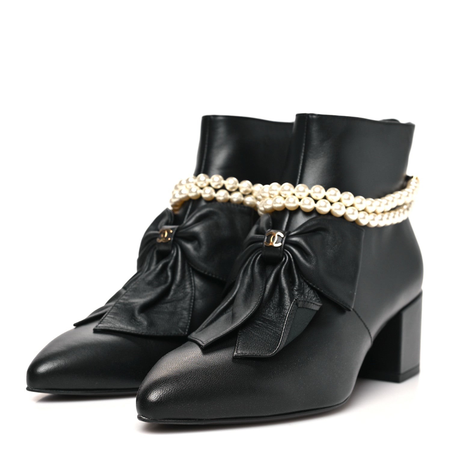 Chanel Lambskin Pearl Bow Short Boots 37.5 Black 4 of 10