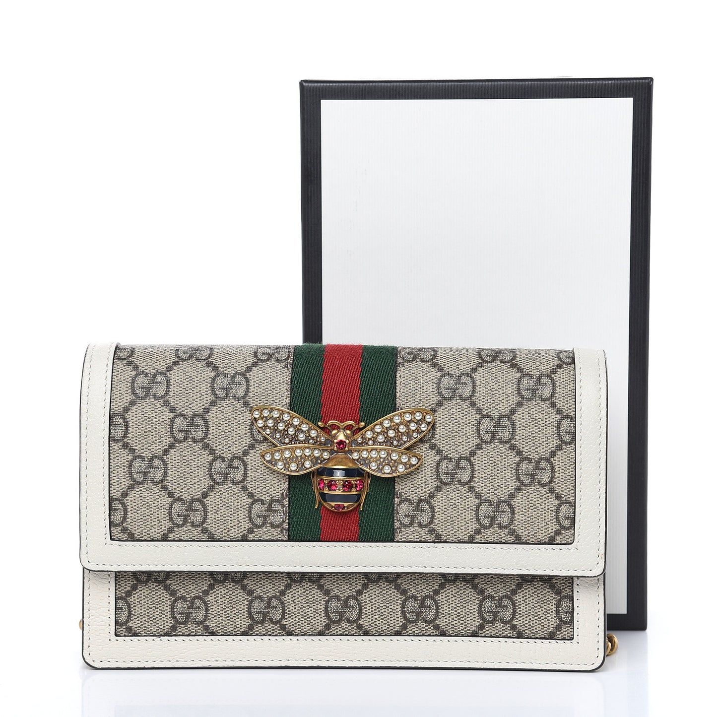 GG Supreme Monogram Web Queen Margaret Chain Wallet White