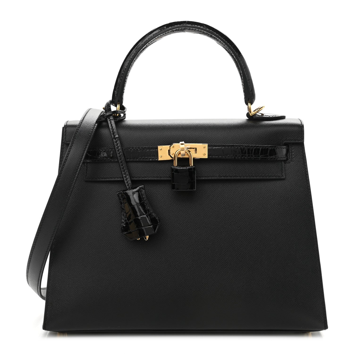 Hermes Madame Calfskin Shiny Niloticus Crocodile Kelly Sellier Touch 25 Black 1 of 10