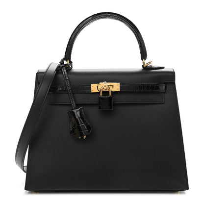Hermes Madame Calfskin Shiny Niloticus Crocodile Kelly Sellier Touch 25 Black 1 of 10