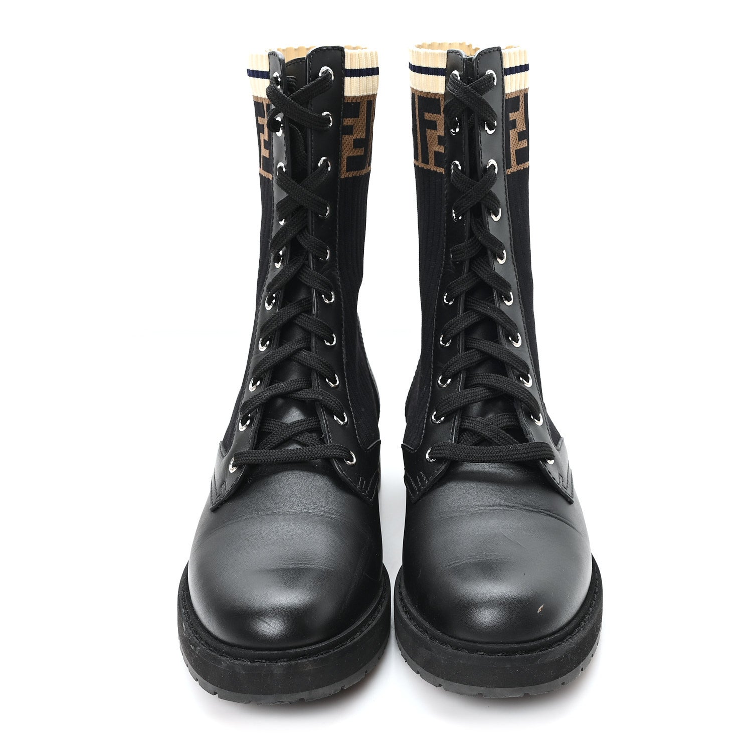Fendi Calfskin Stretch Fabric Rockoko Biker Boots 39.5 Tobacco Black Marino 3 of 10