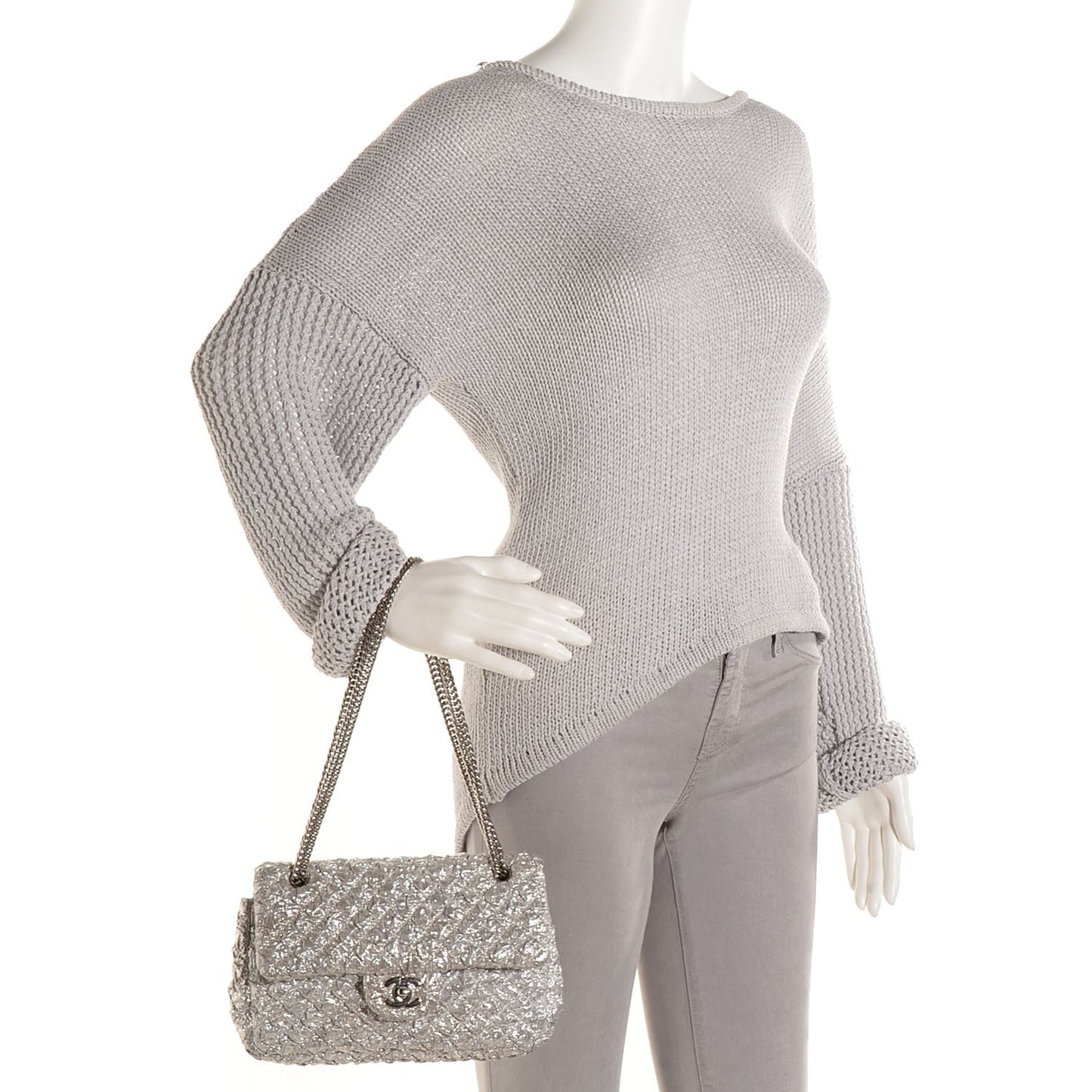 Lame Quilted Small Double Flap Metallic Silver