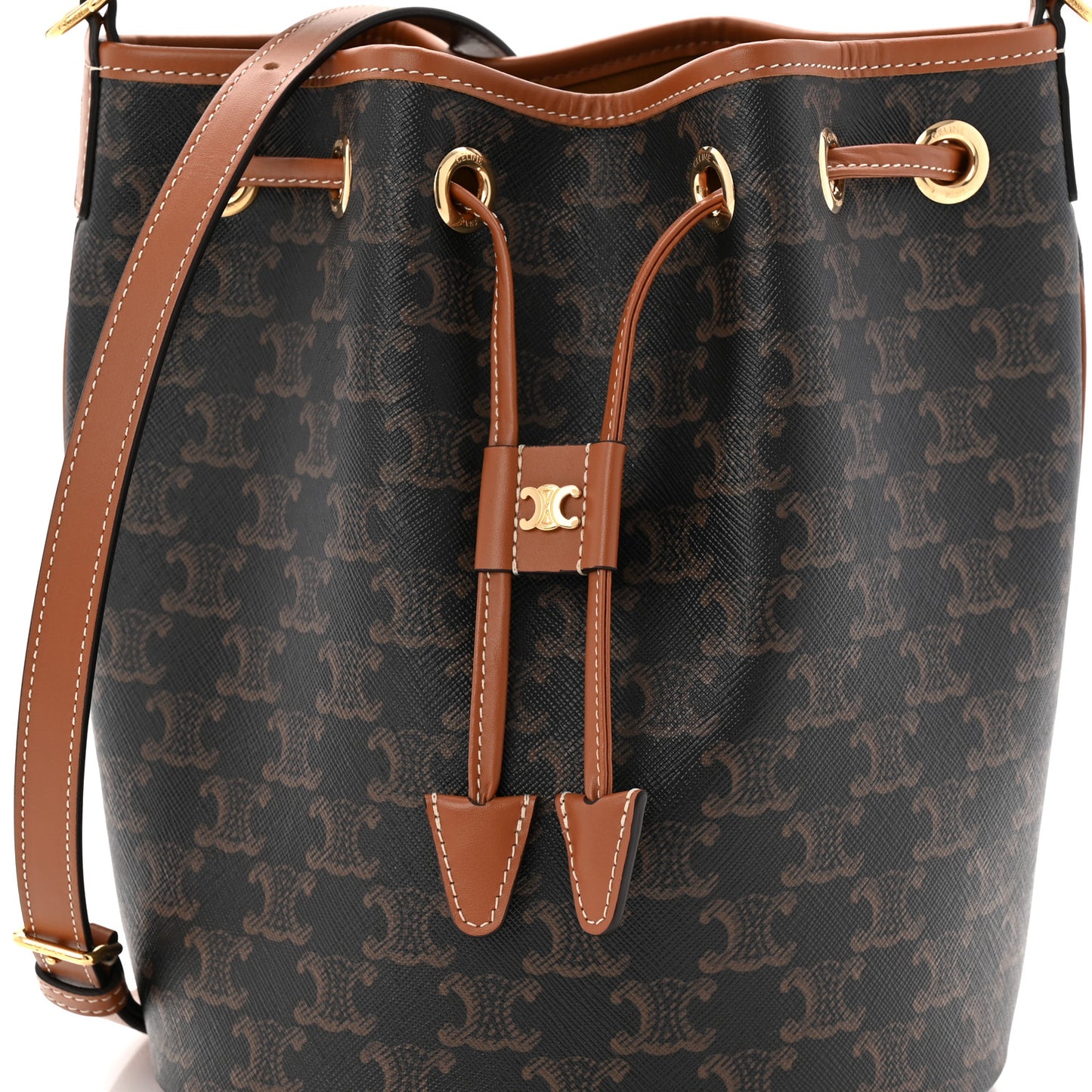 Triomphe Canvas Calfskin Clara Drawstring Bucket Bag Tan