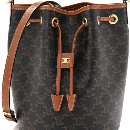 Celine Triomphe Canvas Calfskin Clara Drawstring Bucket Bag Tan 8 of 10