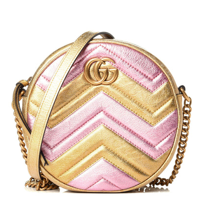 Gucci Metallic Calfskin Matelasse Mini GG Marmont Round Shoulder Bag Gold Pink 1 of 9