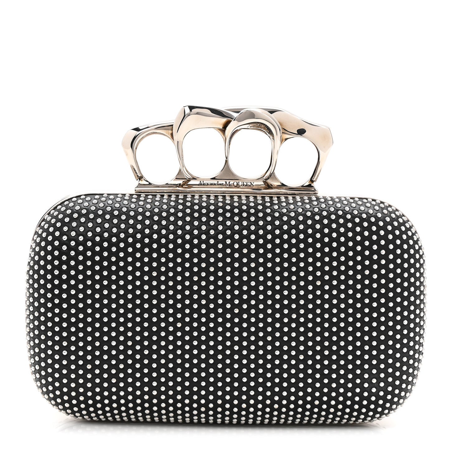 Calfskin Studded Skull Four Ring Knuckle Clutch Black