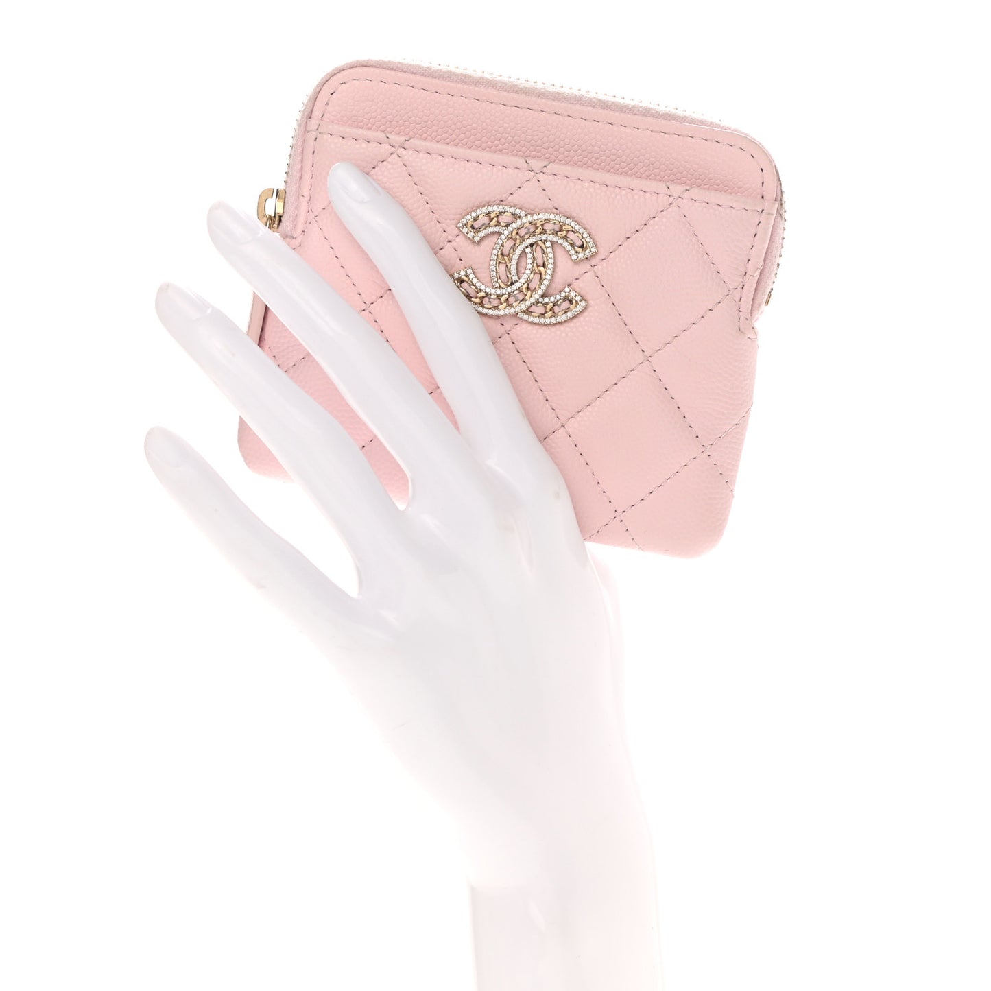 Caviar Quilted Crystal Zip Card Holder Wallet Light Pink