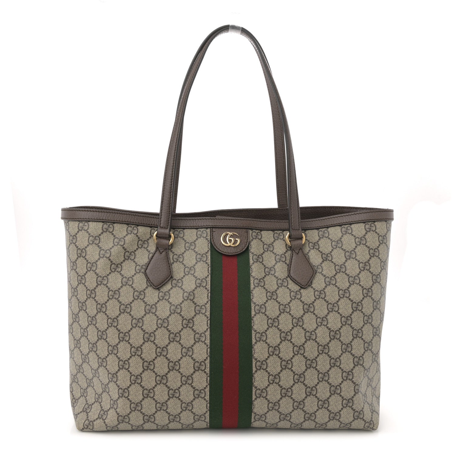 Gucci GG Supreme Monogram Textured Calfskin Web Medium Ophidia Shopping Tote Beige Ebony New Acero 1 of 21