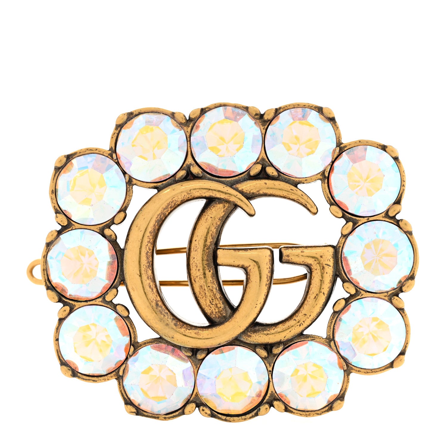 Gucci Metal Crystal Double G Brooch Aged Gold 1 of 5