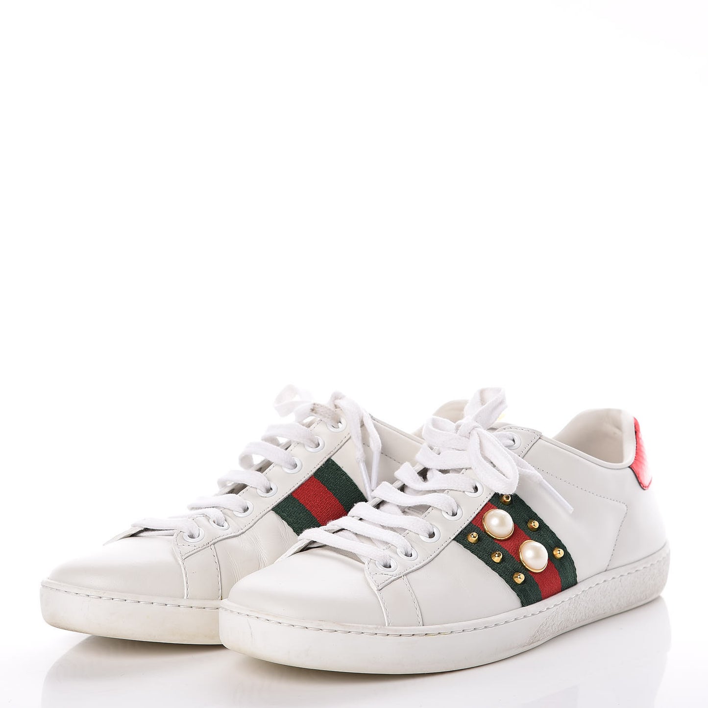 Calfskin Web Pearl Studded Ace Sneakers 36 White
