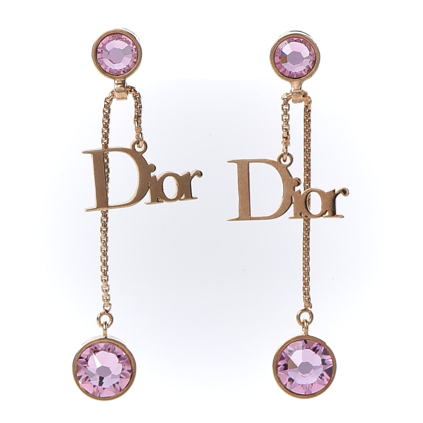 Crystal Dior Dangle Chain Earrings Gold Pink