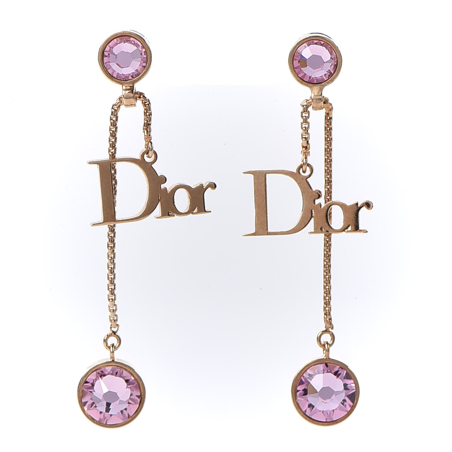 Christian Dior Crystal Dior Dangle Chain Earrings Gold Pink 1 of 3