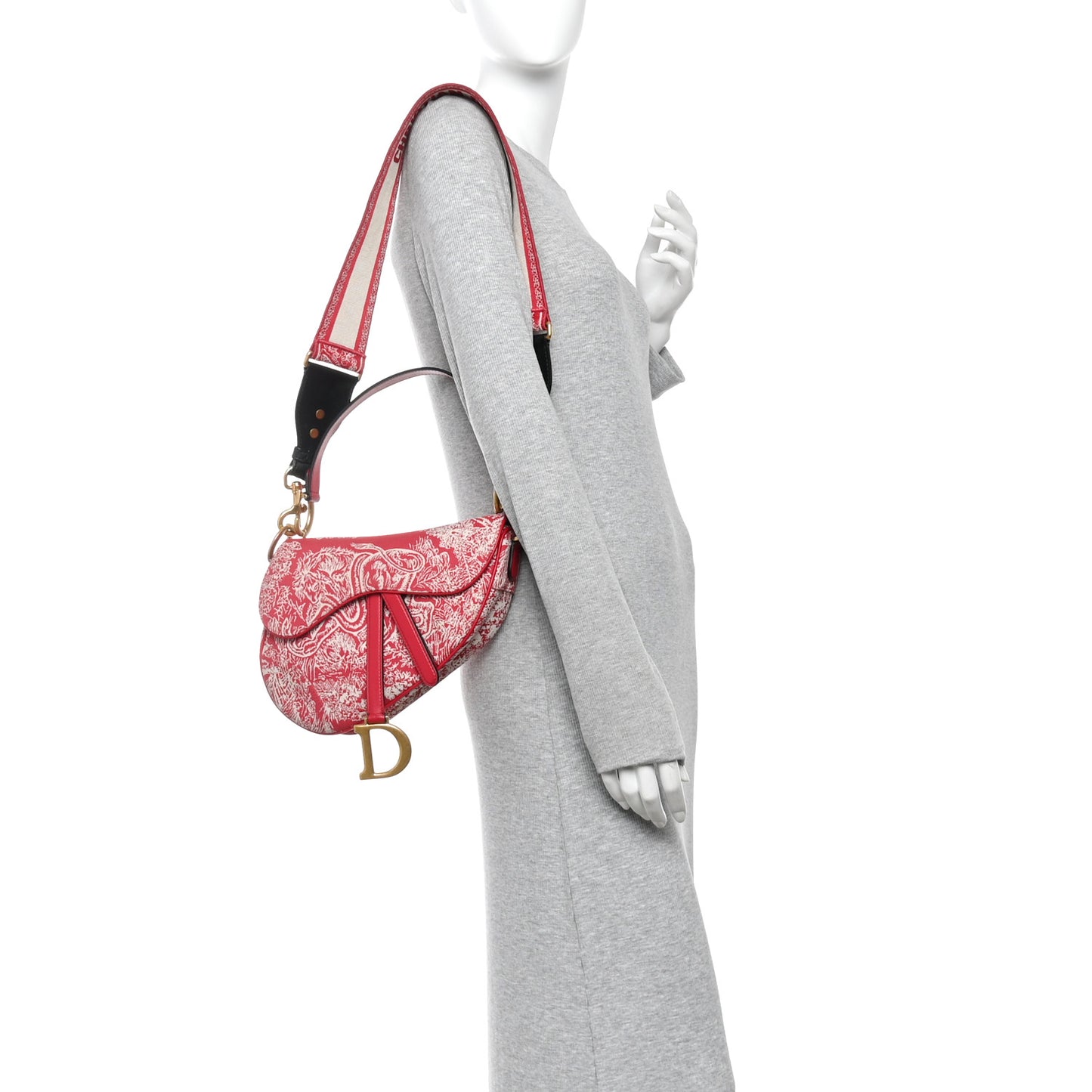 Canvas Reverse Embroidered Toile De Jouy Saddle Bag With Strap Red