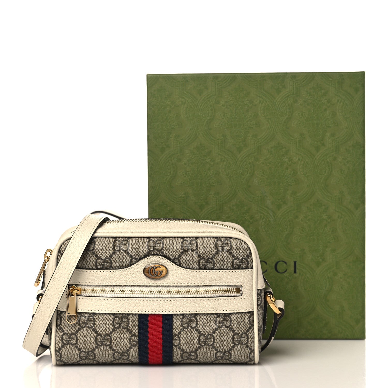 Gucci GG Supreme Monogram Textured Calfskin Web Mini Ophidia Shoulder Bag Beige Ebony Mystic White 9 of 9