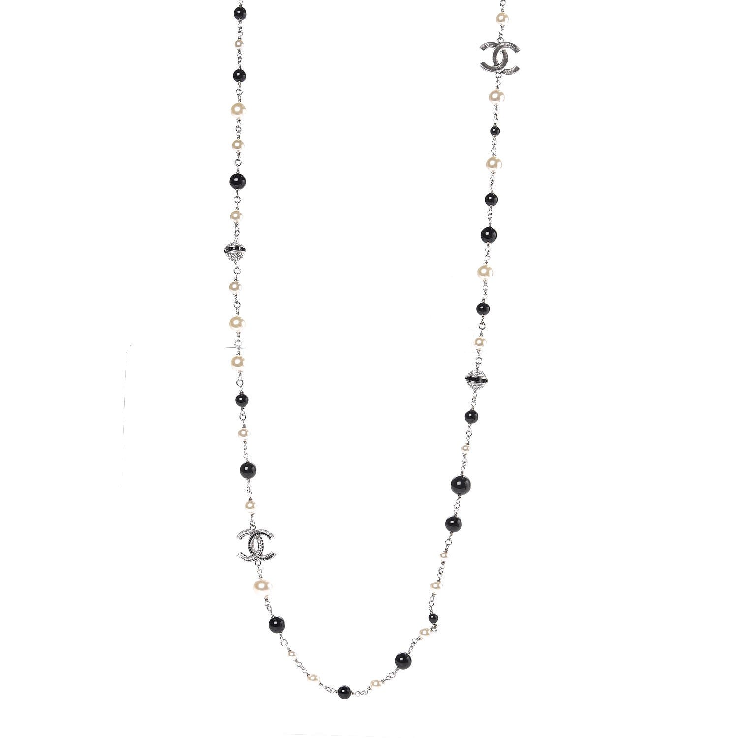 Chanel Pearl Crystal Bead CC Long Necklace Black Silver 1 of 6