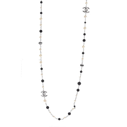 Chanel Pearl Crystal Bead CC Long Necklace Black Silver 1 of 6