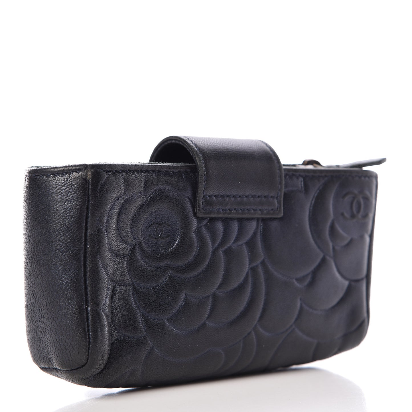 Lambskin Camellia Embossed Mini Phone Holder Clutch Dark Blue