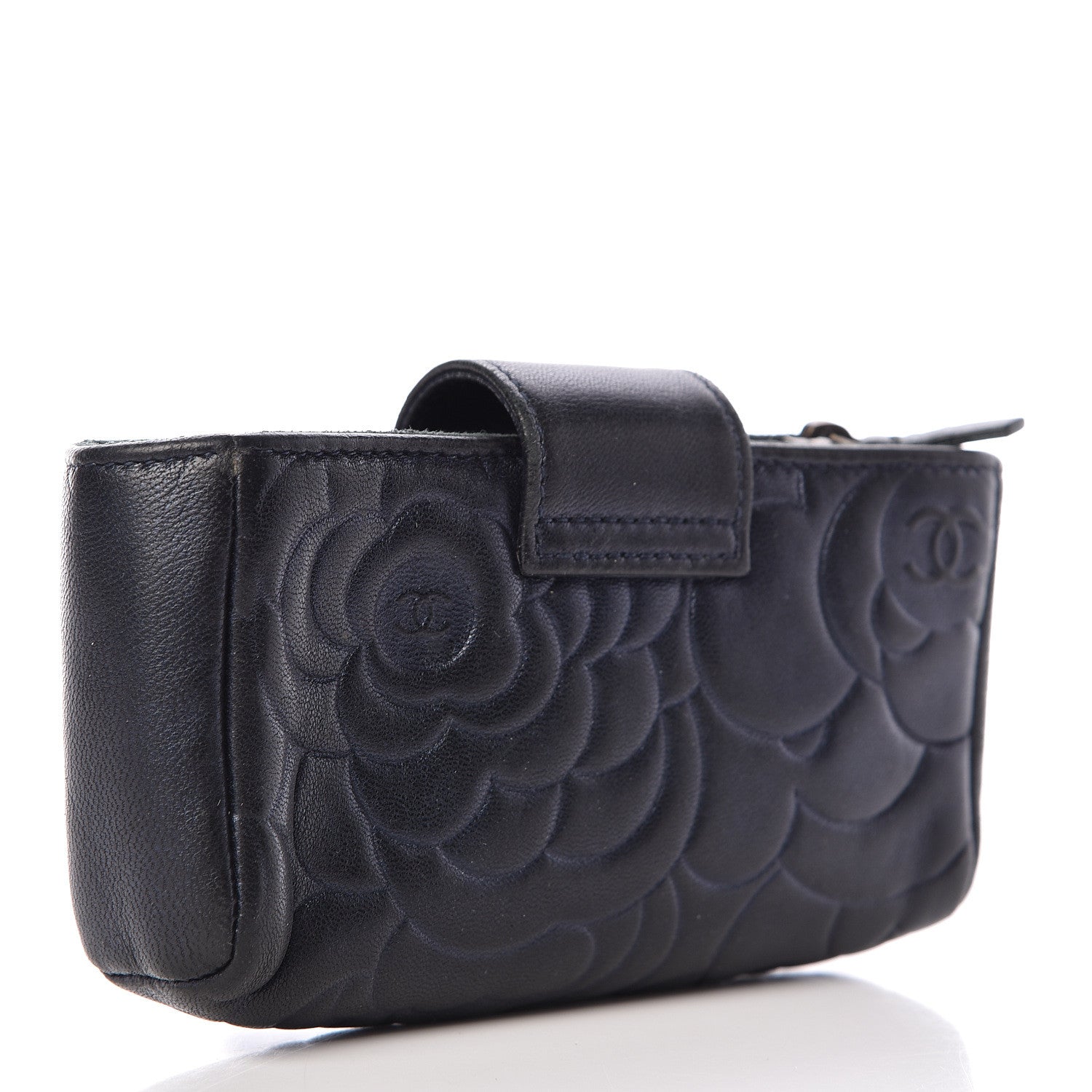 Chanel Lambskin Camellia Embossed Mini Phone Holder Clutch Dark Blue 3 of 7