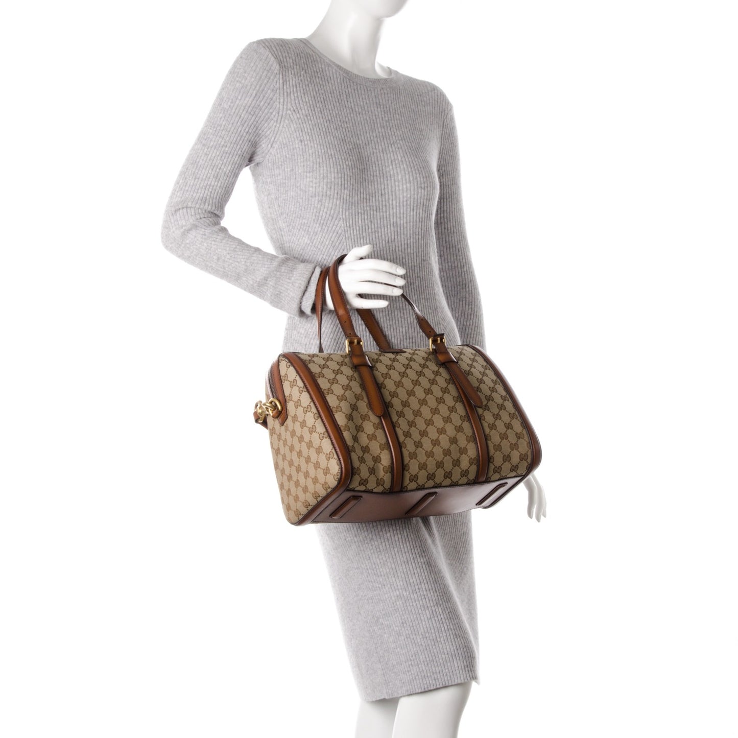 Monogram Medium Lady Web Boston Bag Beige Cuir