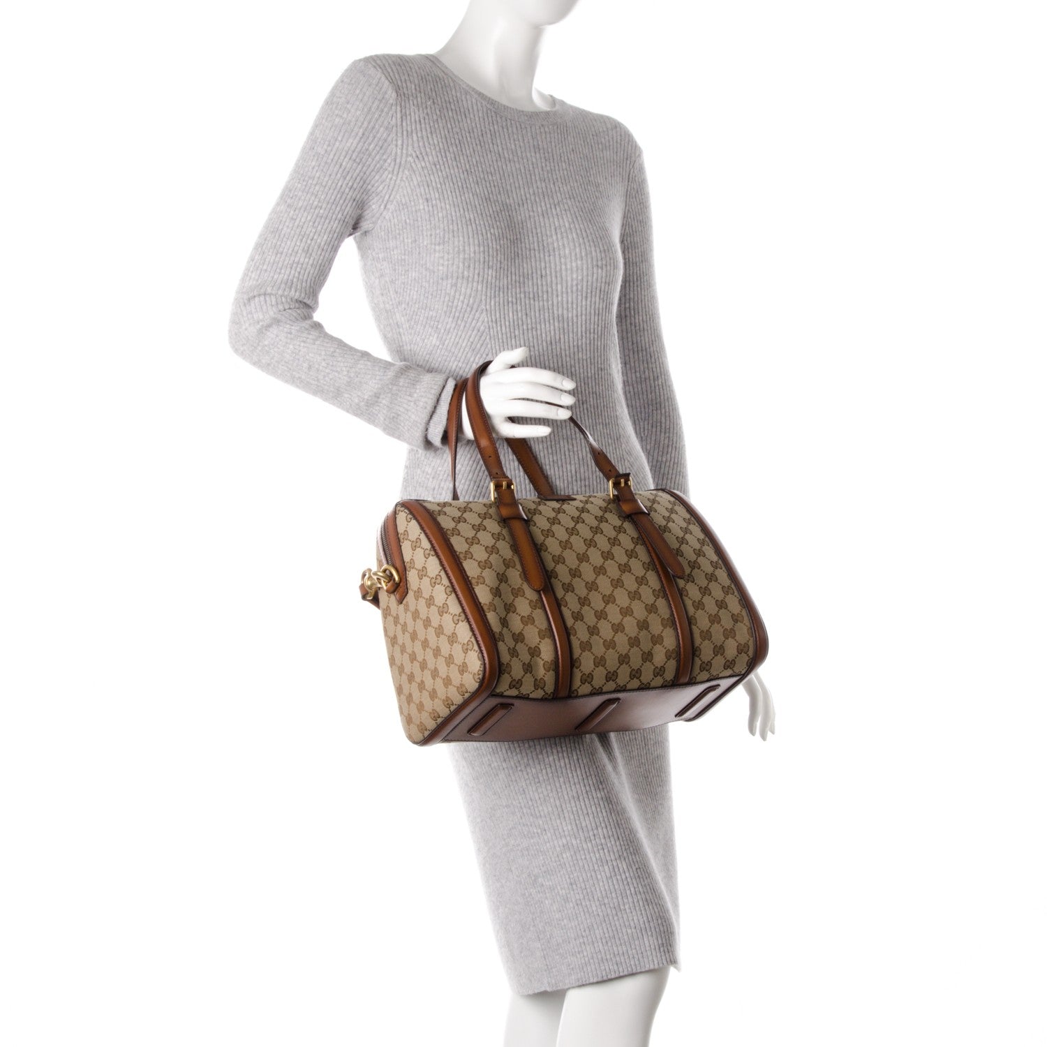 Gucci Monogram Medium Lady Web Boston Bag Beige Cuir 2 of 8