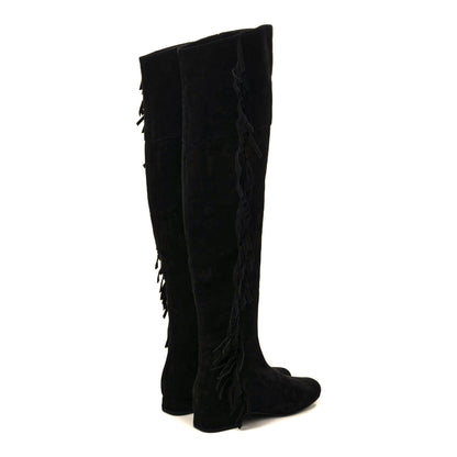 Saint Laurent Suede Goatskin BB 20 Over The Knee Fringed Boots 35 Black 4 of 7