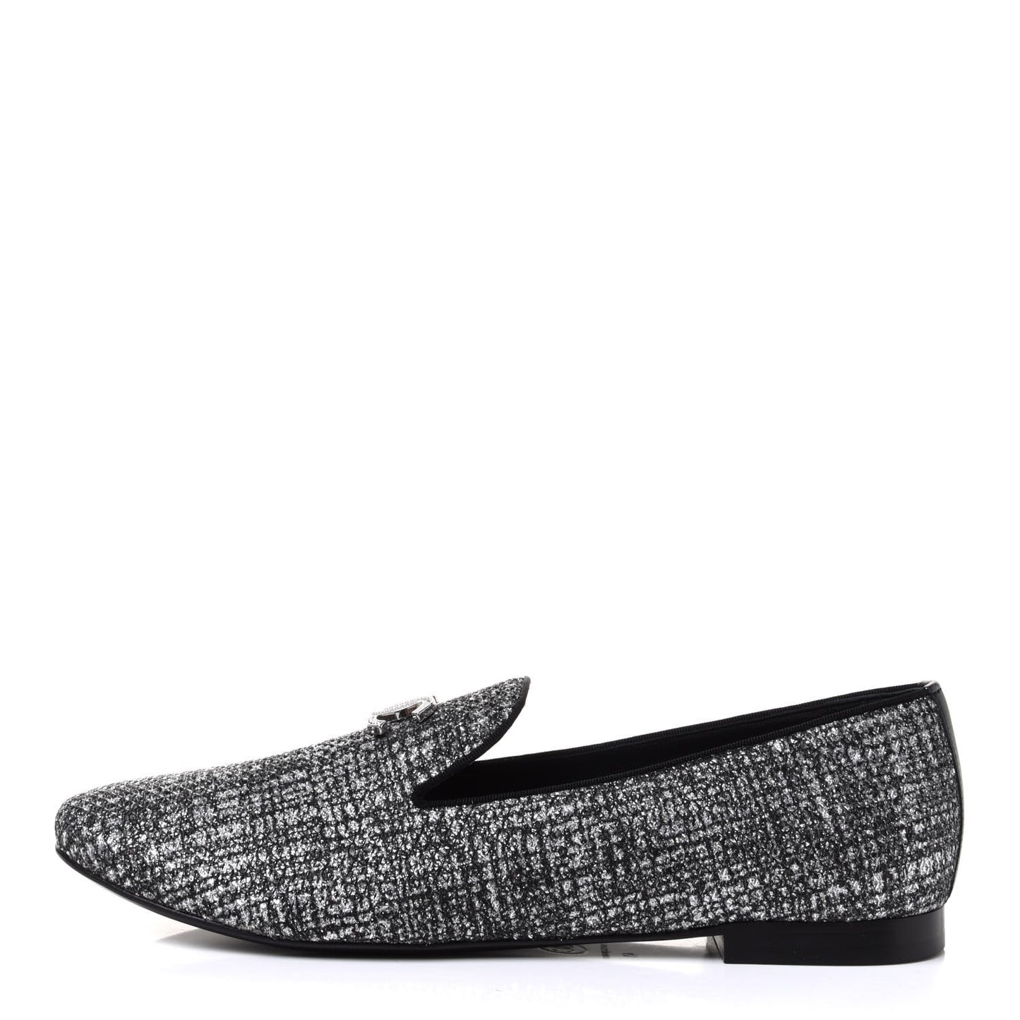 Fantasy Fabric Grosgrain CC Mocassin Loafers 41 Silver Black