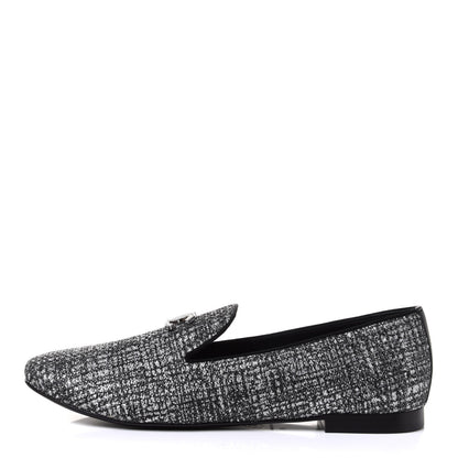 Chanel Fantasy Fabric Grosgrain CC Mocassin Loafers 41 Silver Black 1 of 9