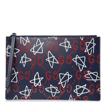 Gucci Calfskin GucciGhost Print Pouch Blue Agata Hibiscus Red 1 of 9