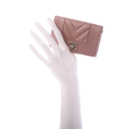 Chanel Metallic Caviar Chevron Quilted Vintage Mademoiselle Flap Card Holder Pink 2 of 9