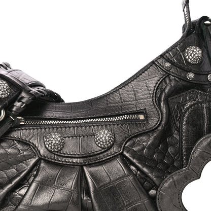 Balenciaga Metallic Calfskin Crocodile Embossed Crystal Small Le Cagole Shoulder Bag Gunmetal 8 of 12