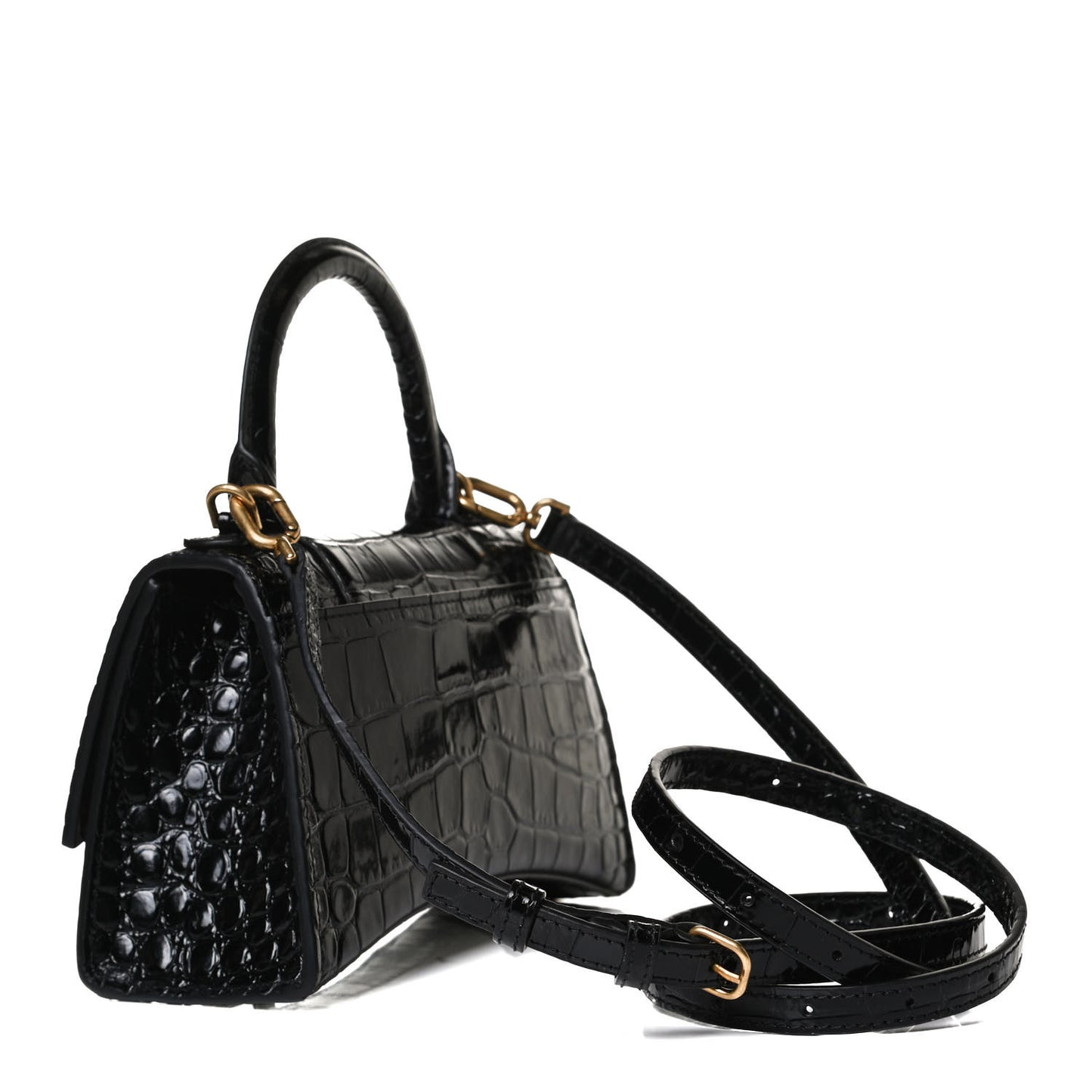 Shiny Calfskin Crocodile Embossed Hourglass Top Handle Bag XS Black
