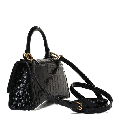 Balenciaga Shiny Calfskin Crocodile Embossed Hourglass Top Handle Bag XS Black 2 of 17