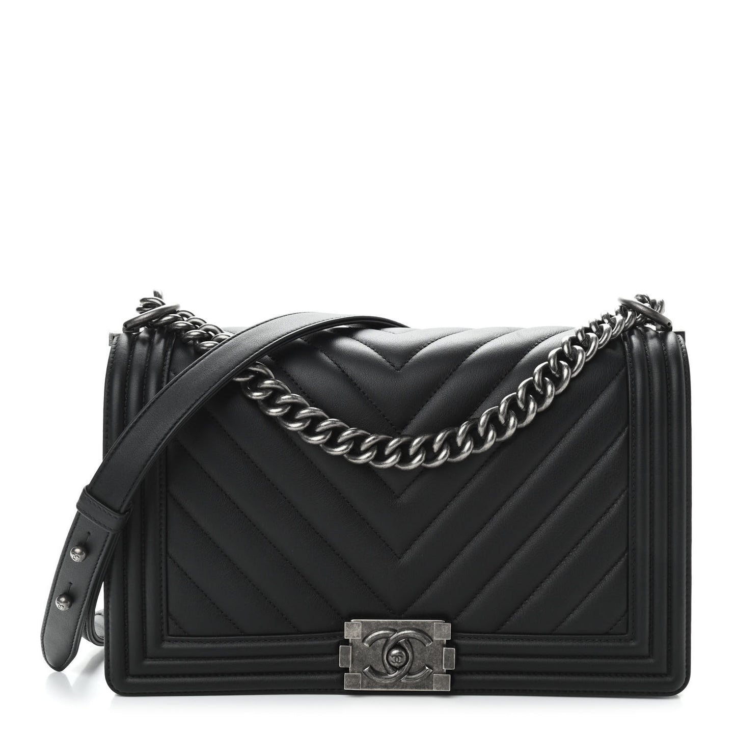 Calfskin Chevron Quilted Medium Boy Flap Black