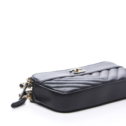Chanel Metallic Sheepskin Chevron Quilted Small Vintage Mademoiselle Clutch With Chain Black 7 of 13