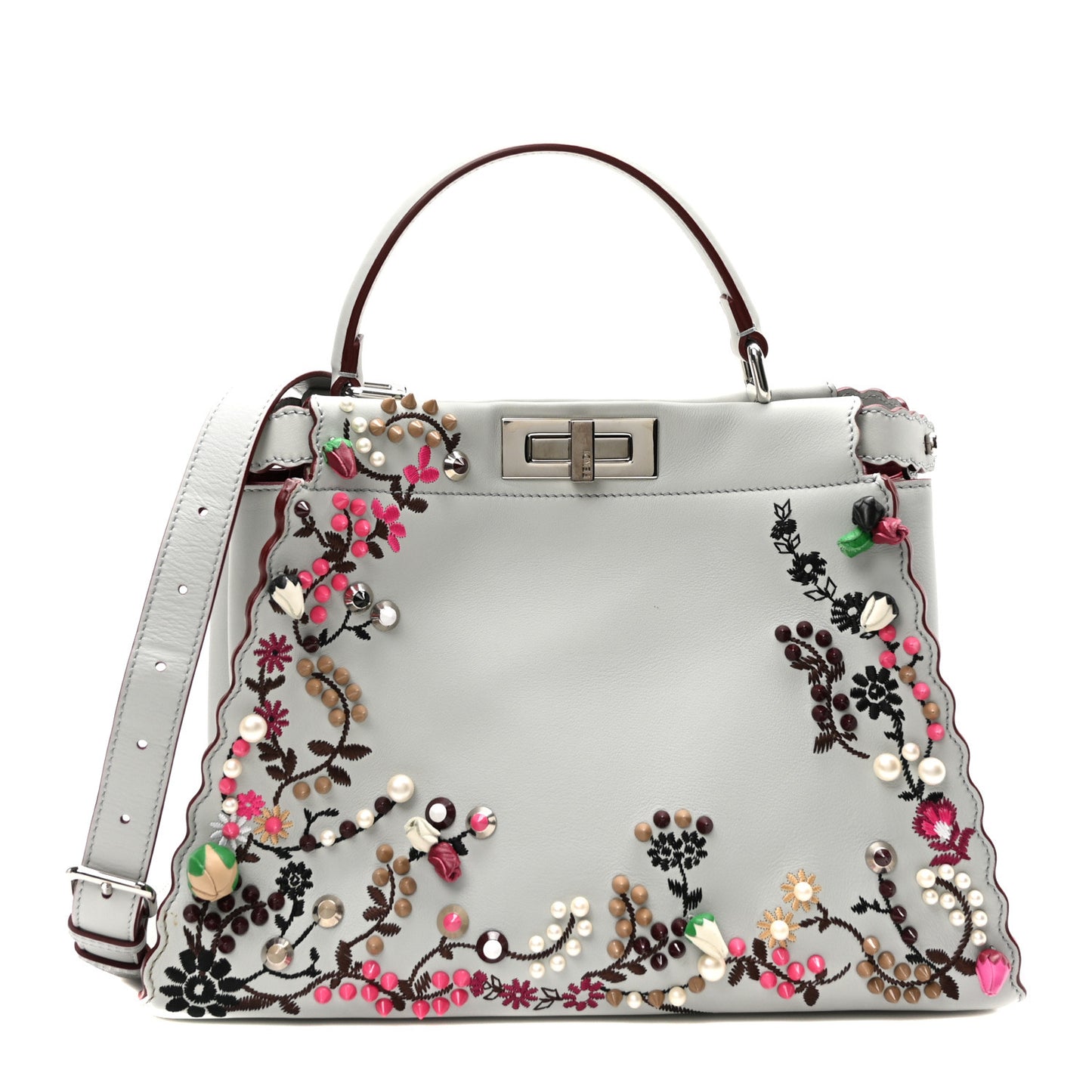 Vitello Seta Shiny Nappa Pearl Scalloped Studded Floral Embroidered Medium Peekaboo Iconic Satchel Grigio Perla Multicolor