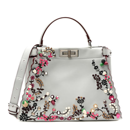 Fendi Vitello Seta Shiny Nappa Pearl Scalloped Studded Floral Embroidered Medium Peekaboo Iconic Satchel Grigio Perla Multicolor 1 of 9