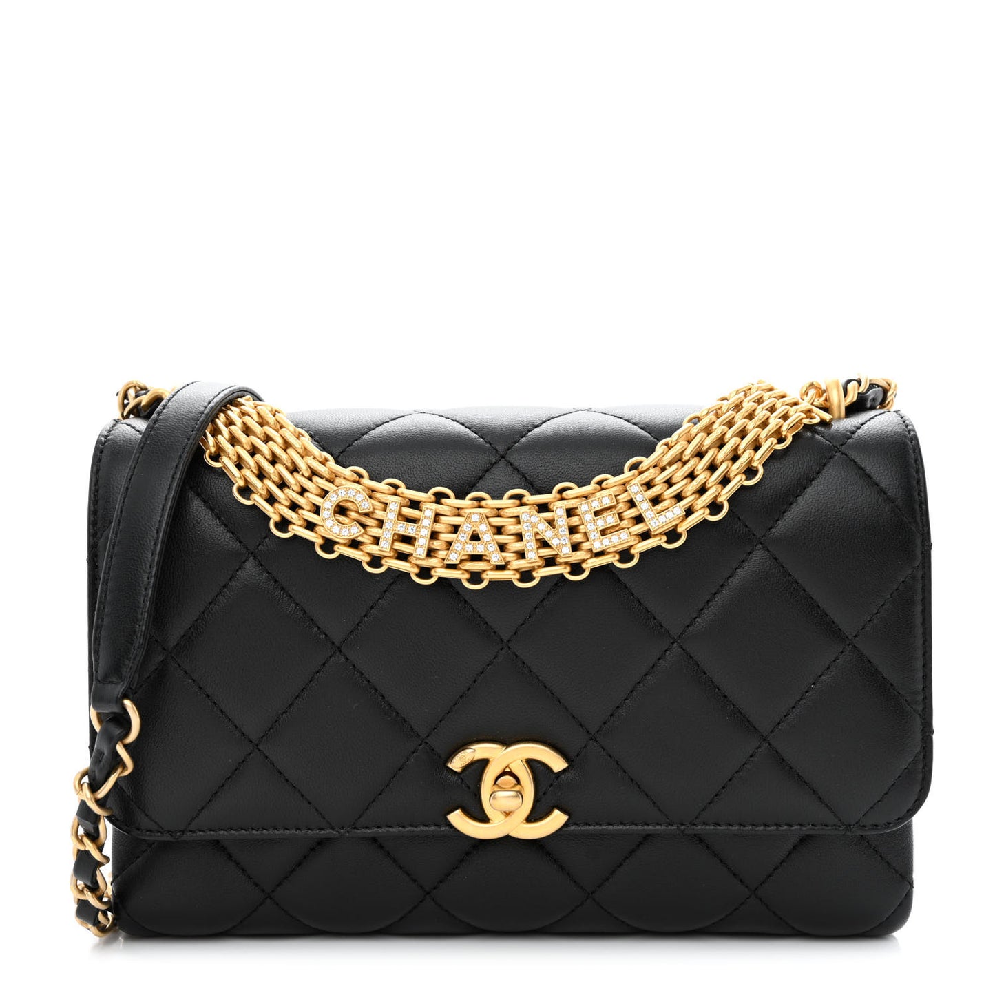 Lambskin Quilted CC Crystal Logo Chain Flap Black