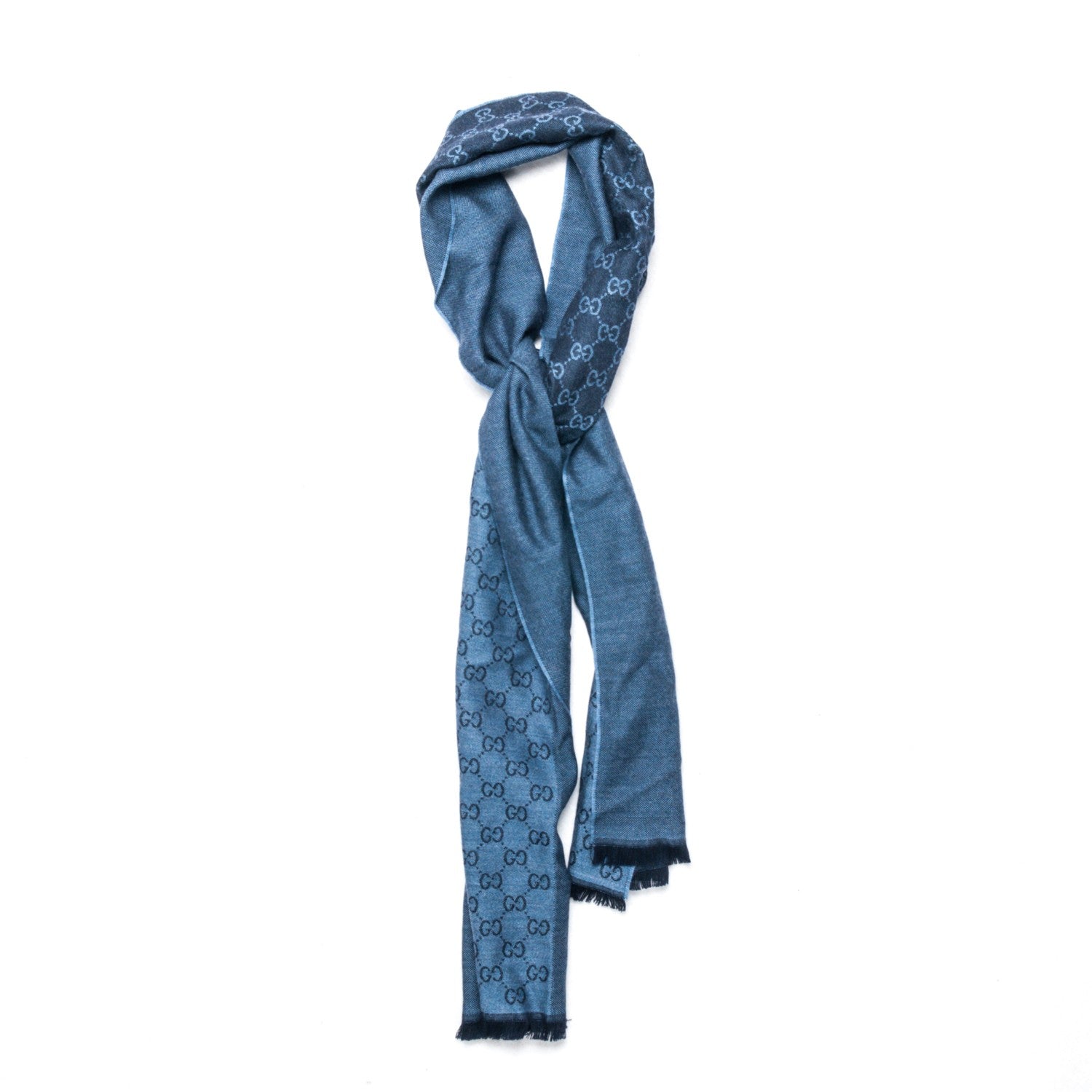 Gucci Wool Monogram Fringe Scarf Anthracite Navy Blue 1 of 6