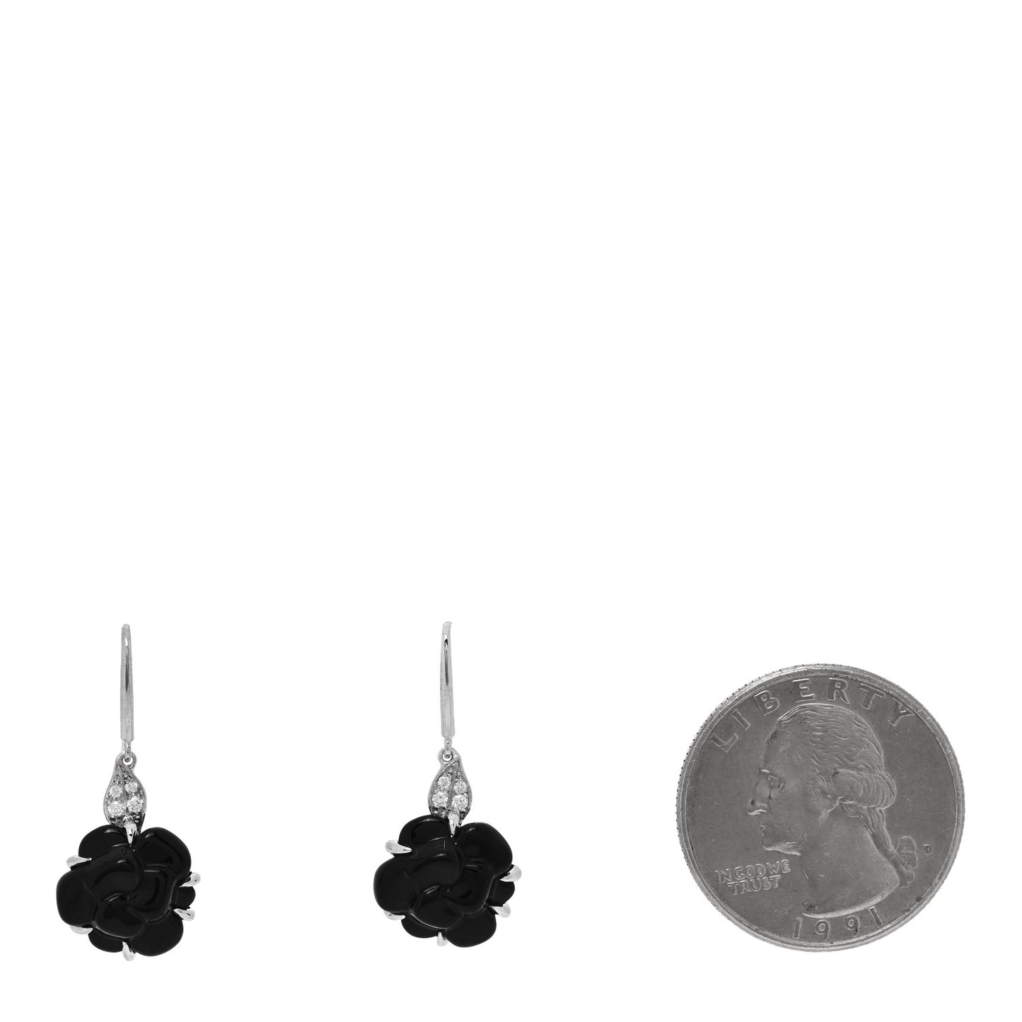 18K White Gold Diamond Black Onyx Camelia Sculpte Drop Earrings