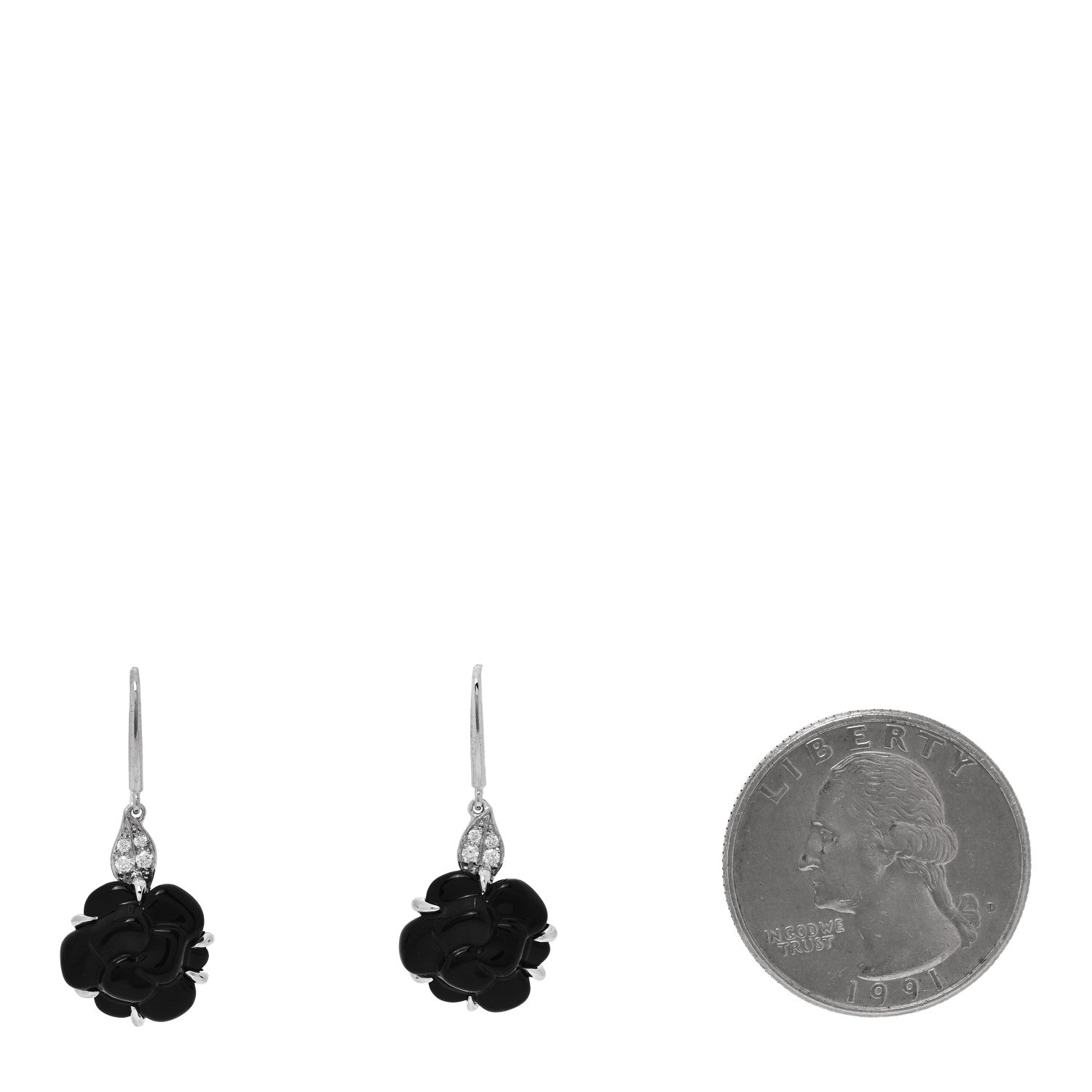 Chanel 18K White Gold Diamond Black Onyx Camelia Sculpte Drop Earrings 2 of 4