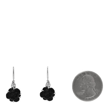 Chanel 18K White Gold Diamond Black Onyx Camelia Sculpte Drop Earrings 2 of 4
