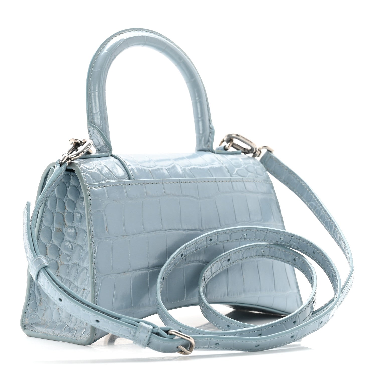 Balenciaga Shiny Calfskin Crocodile Embossed Hourglass Top Handle Bag XS Blue Grey 3 of 10
