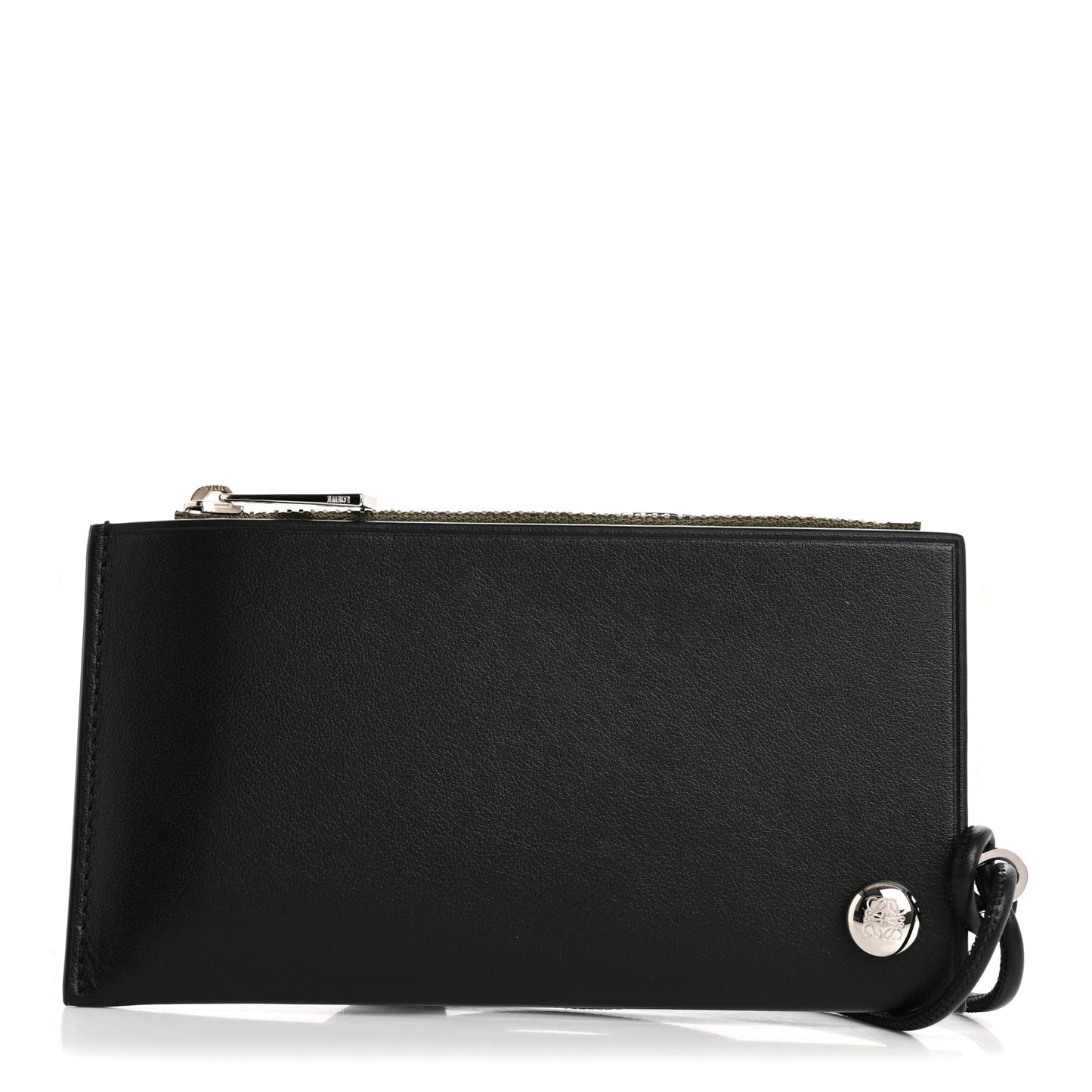 Nappa Calfskin Pebble Slider Coin Card Holder Black Dark Khaki