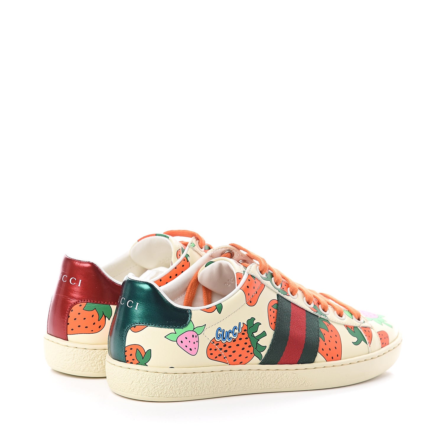 Calfskin Web Strawberry Print Womens Ace Sneakers 35.5 Ivory Red Green