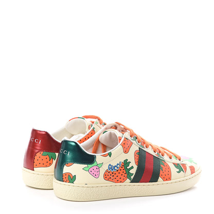 Gucci Calfskin Web Strawberry Print Womens Ace Sneakers 35.5 Ivory Red Green 4 of 7