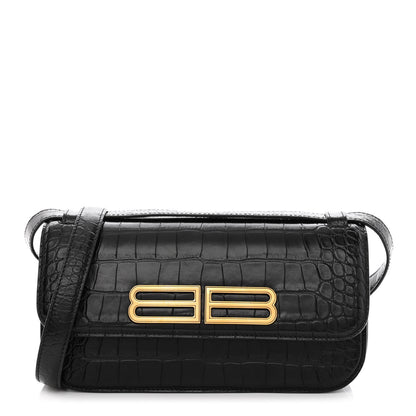 Balenciaga Extra Supple Calfskin Crocodile Embossed Small Gossip Bag Black 1 of 9