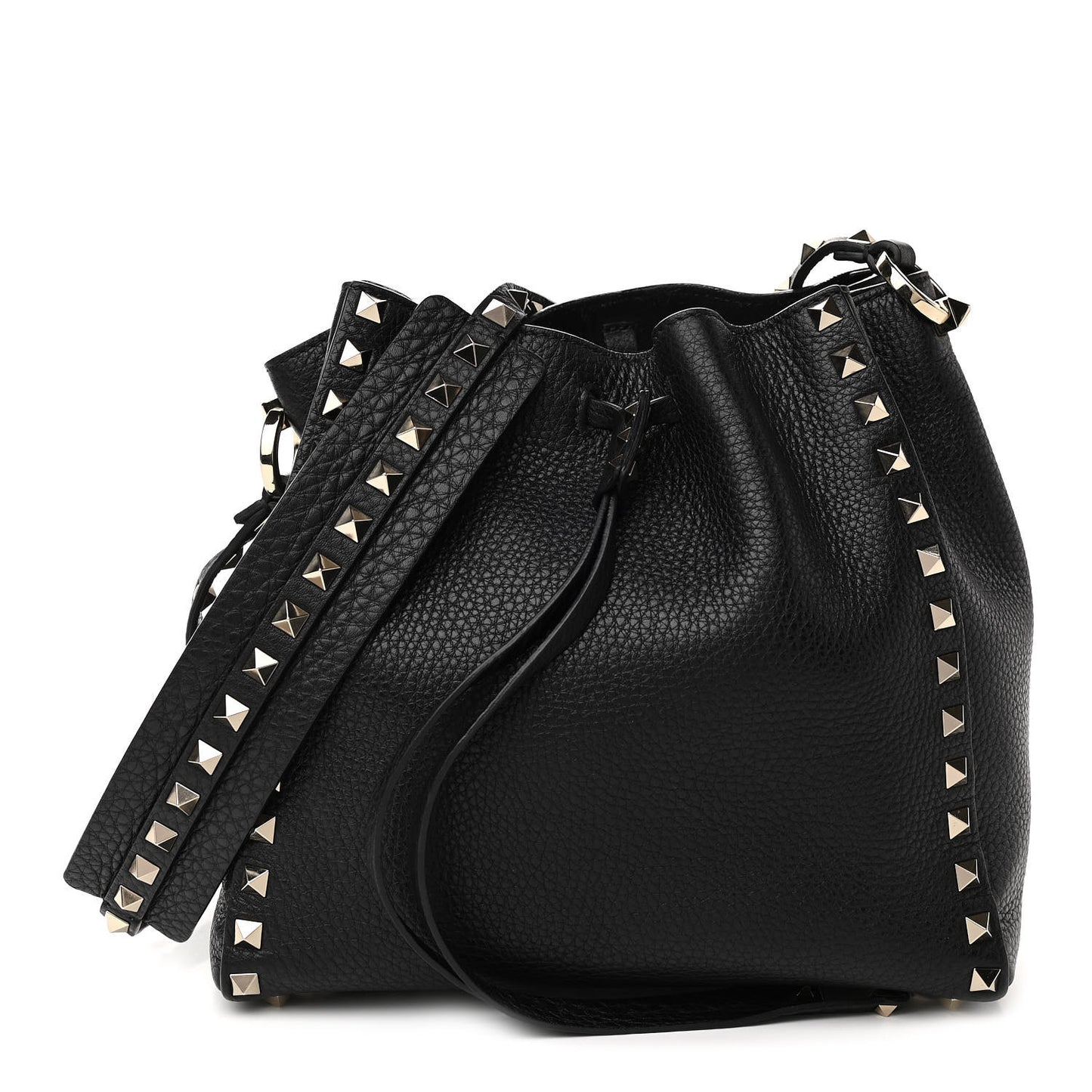 Grained Calfskin Rockstud Bucket Bag Black