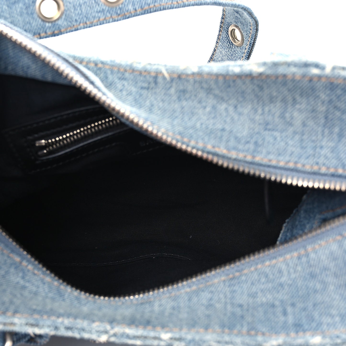 Washed Frayed Denim Crystal Neo Cagole Handbag XS Blue