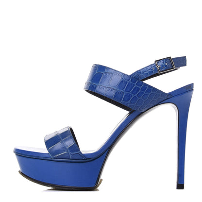 Saint Laurent Calfskin Crocodile Embossed 80 Platform Ankle Strap Sandals 35 Blue 1 of 12